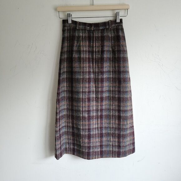 Vintage Wool Plaid A-Line Skirt Tartan Check High Waist 24" Lined Side Pockets - Picture 2 of 7